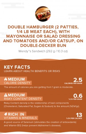 Double hamburger (2 patties, 1/4 lb meat each), with mayonnaise or salad dressing and tomatoes and/or catsup, on double-decker bun