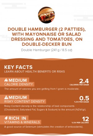 Double hamburger (2 patties), with mayonnaise or salad dressing and tomatoes, on double-decker bun