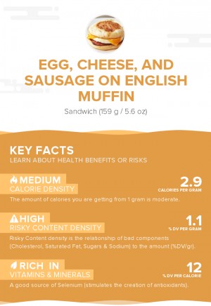 Egg, cheese, and sausage on English muffin