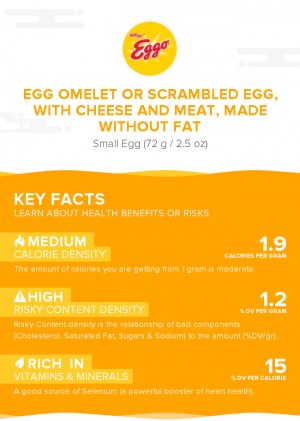 Egg omelet or scrambled egg, with cheese and meat, made without fat