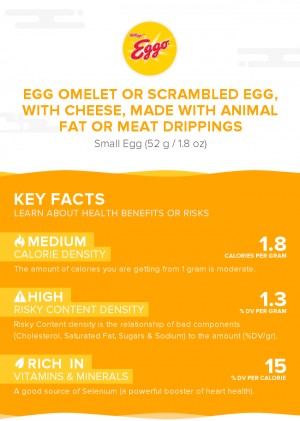 Egg omelet or scrambled egg, with cheese, made with animal fat or meat drippings