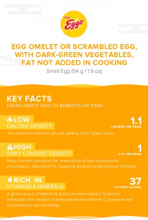 Egg omelet or scrambled egg, with dark-green vegetables, fat not added in cooking