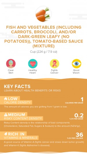 Fish and vegetables (including carrots, broccoli, and/or dark-green leafy (no potatoes)), tomato-based sauce (mixture)