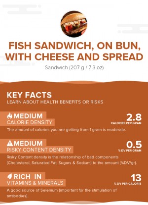 Fish sandwich, on bun, with cheese and spread