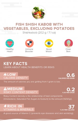 Fish shish kabob with vegetables, excluding potatoes