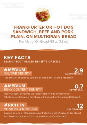 Frankfurter or hot dog sandwich, beef and pork, plain, on multigrain bread