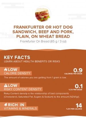 Frankfurter or hot dog sandwich, beef and pork, plain, on wheat bread