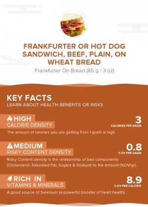 Frankfurter or hot dog sandwich, beef, plain, on wheat bread