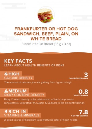 Frankfurter or hot dog sandwich, beef, plain, on white bread