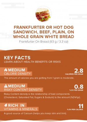 Frankfurter or hot dog sandwich, beef, plain, on whole grain white bread