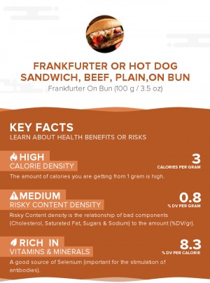 Frankfurter or hot dog sandwich, beef, plain,on bun