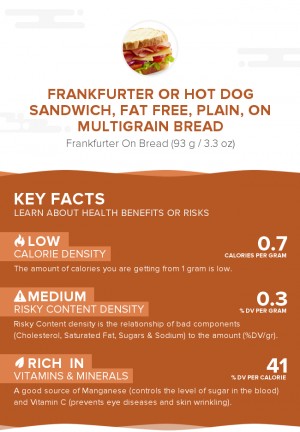 Frankfurter or hot dog sandwich, fat free, plain, on multigrain bread