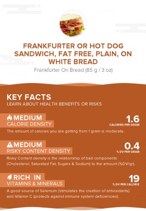 Frankfurter or hot dog sandwich, fat free, plain, on white bread