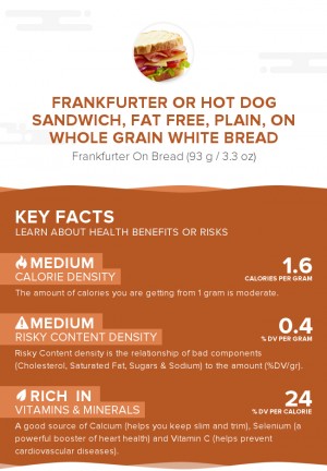 Frankfurter or hot dog sandwich, fat free, plain, on whole grain white bread