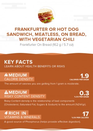 Frankfurter or hot dog sandwich, meatless, on bread, with vegetarian chili