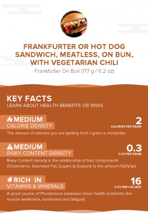 Frankfurter or hot dog sandwich, meatless, on bun, with vegetarian chili