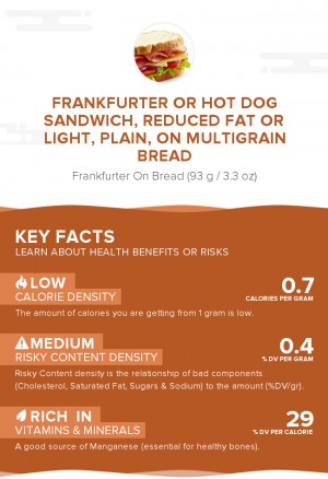 Frankfurter or hot dog sandwich, reduced fat or light, plain, on multigrain bread