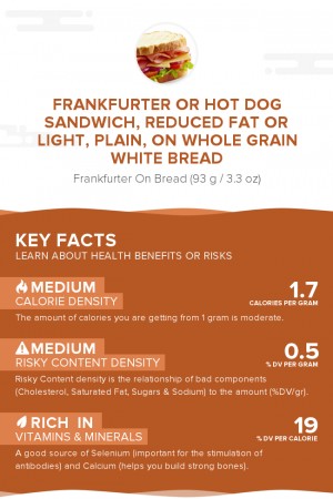 Frankfurter or hot dog sandwich, reduced fat or light, plain, on whole grain white bread