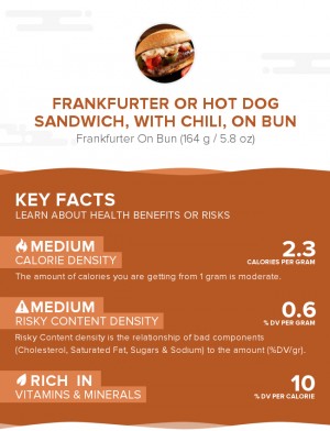 Frankfurter or hot dog sandwich, with chili, on bun