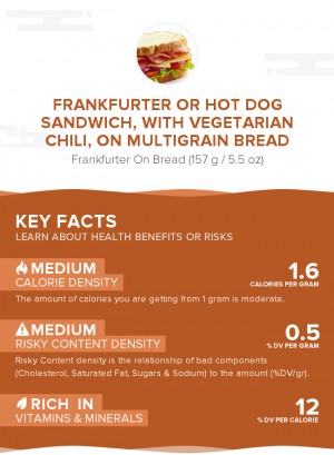 Frankfurter or hot dog sandwich, with vegetarian chili, on multigrain bread