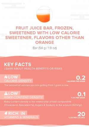 Fruit juice bar, frozen, sweetened with low calorie sweetener, flavors other than orange