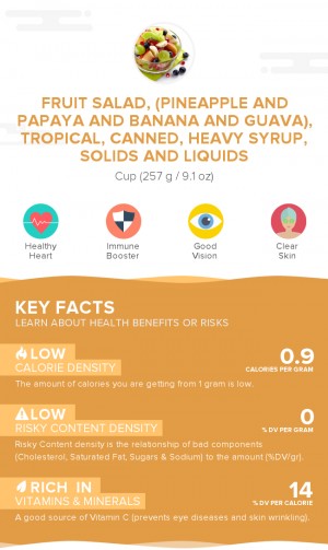 Fruit salad, (pineapple and papaya and banana and guava), tropical, canned, heavy syrup, solids and liquids