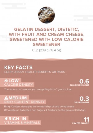 Gelatin dessert, dietetic, with fruit and cream cheese, sweetened with low calorie sweetener