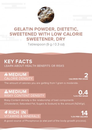 Gelatin powder, dietetic, sweetened with low calorie sweetener, dry