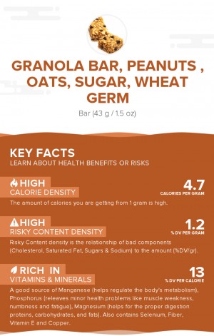 Granola bar, peanuts , oats, sugar, wheat germ