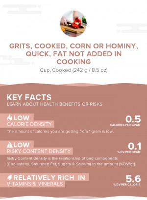 Grits, cooked, corn or hominy, quick, fat not added in cooking