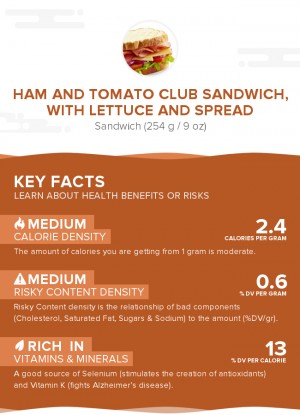 Ham and tomato club sandwich, with lettuce and spread