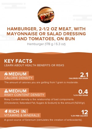 Hamburger, 2-1/2 oz meat, with mayonnaise or salad dressing and tomatoes, on bun