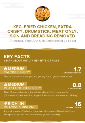 KFC, Fried Chicken, EXTRA CRISPY, Drumstick, meat only, skin and breading removed