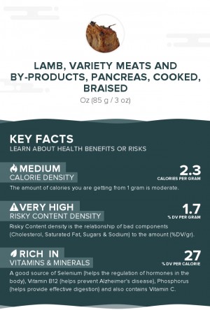 Lamb, variety meats and by-products, pancreas, cooked, braised