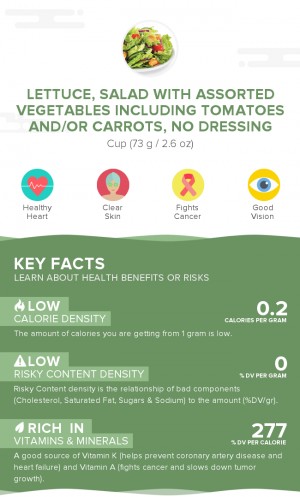 Lettuce, salad with assorted vegetables including tomatoes and/or carrots, no dressing