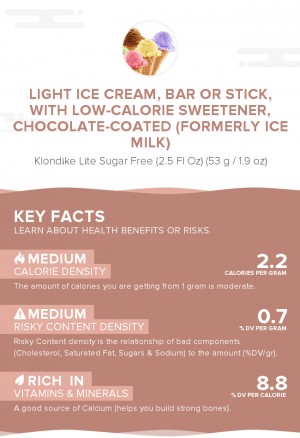 Light ice cream, bar or stick, with low-calorie sweetener, chocolate-coated (formerly ice milk)