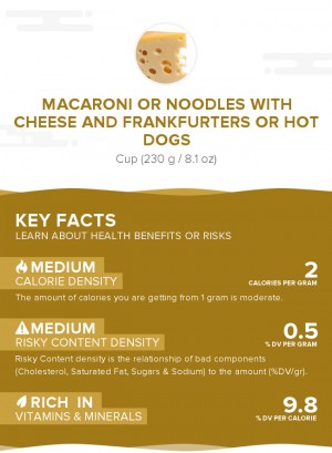Macaroni or noodles with cheese and frankfurters or hot dogs