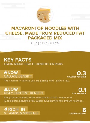 Macaroni or noodles with cheese, made from reduced fat packaged mix