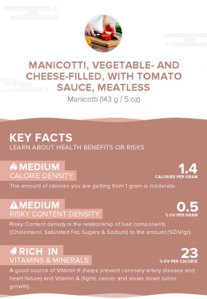 Manicotti, vegetable- and cheese-filled, with tomato sauce, meatless