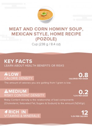 Meat and corn hominy soup, Mexican style, home recipe (Pozole)