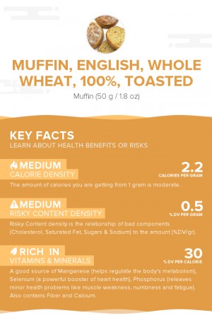 Muffin, English, whole wheat, 100%, toasted