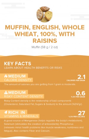 Muffin, English, whole wheat, 100%, with raisins