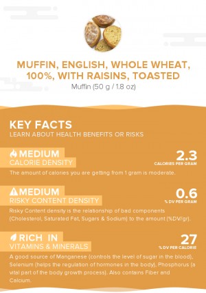 Muffin, English, whole wheat, 100%, with raisins, toasted