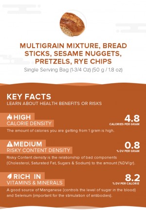Multigrain mixture, bread sticks, sesame nuggets, pretzels, rye chips