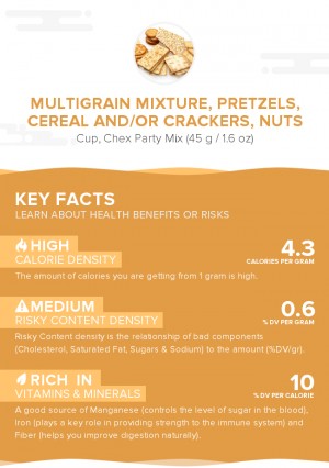 Multigrain mixture, pretzels, cereal and/or crackers, nuts