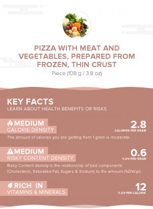 Pizza with meat and vegetables, prepared from frozen, thin crust