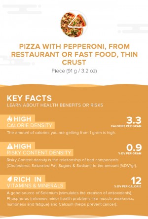 Pizza with pepperoni, from restaurant or fast food, thin crust