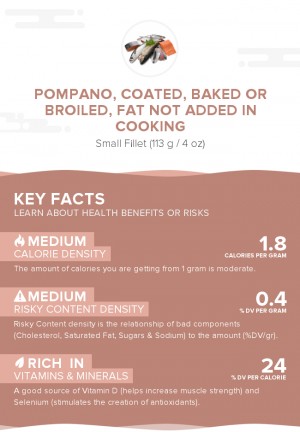 Pompano, coated, baked or broiled, fat not added in cooking