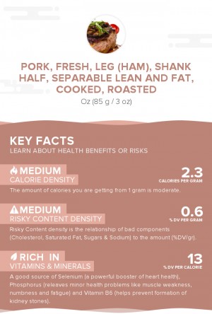 Pork, fresh, leg (ham), shank half, separable lean and fat, cooked, roasted