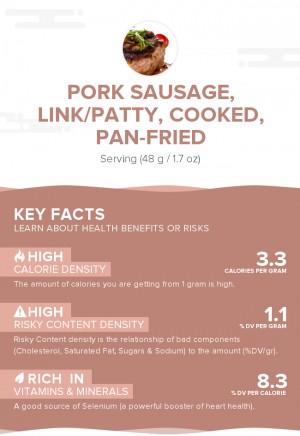 Pork sausage, link/patty, cooked, pan-fried